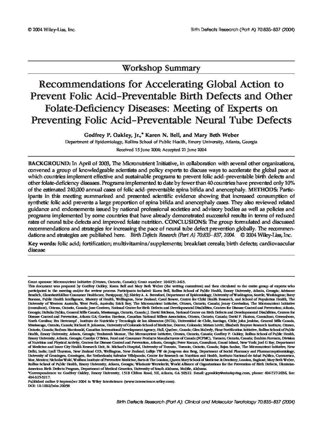 Recommendations for Accelerating Global Action to Prevent Folic Acid – Preventable Birth Defects and Other Folate-Deficiency Diseases: Meeting of Experts on Preventing Folic Acid-Preventable Neural Tube Defects thumbnail
