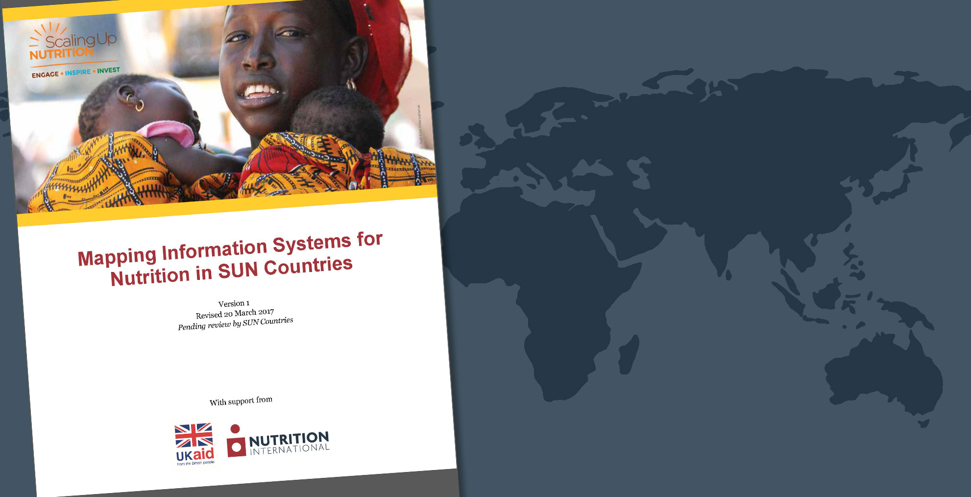 Cover image of the publication Mapping information systems for nutrition in Sun Countries with a world map in the background.