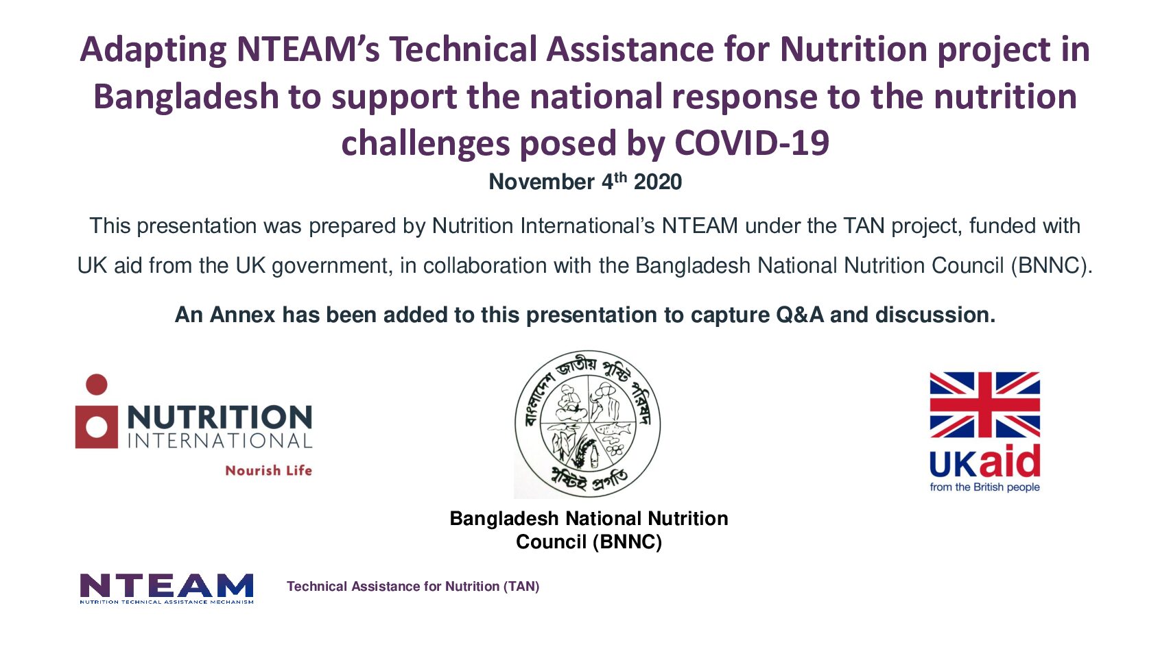 Adapting NTEAM’s Technical Assistance for Nutrition project in Bangladesh to support the national response to the nutrition challenges posed by COVID-19 thumbnail