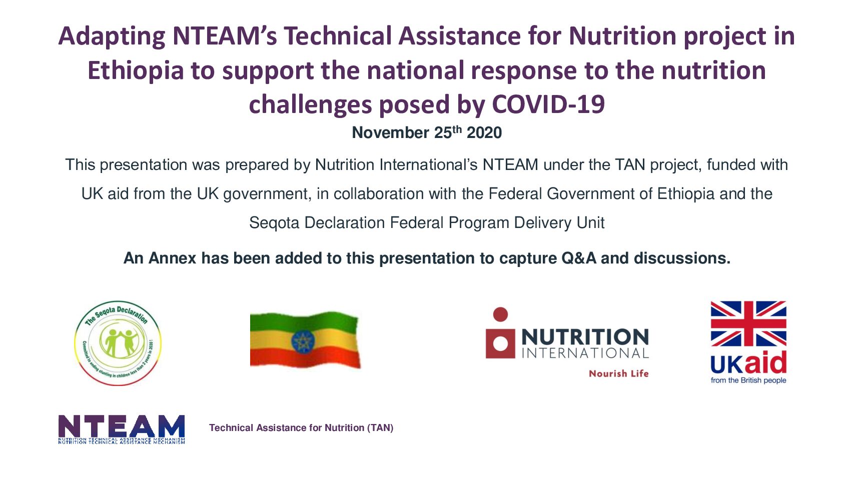 Adapting NTEAM’s Technical Assistance for Nutrition project in Ethiopia to support the national response to the nutrition challenges posed by COVID-19 thumbnail