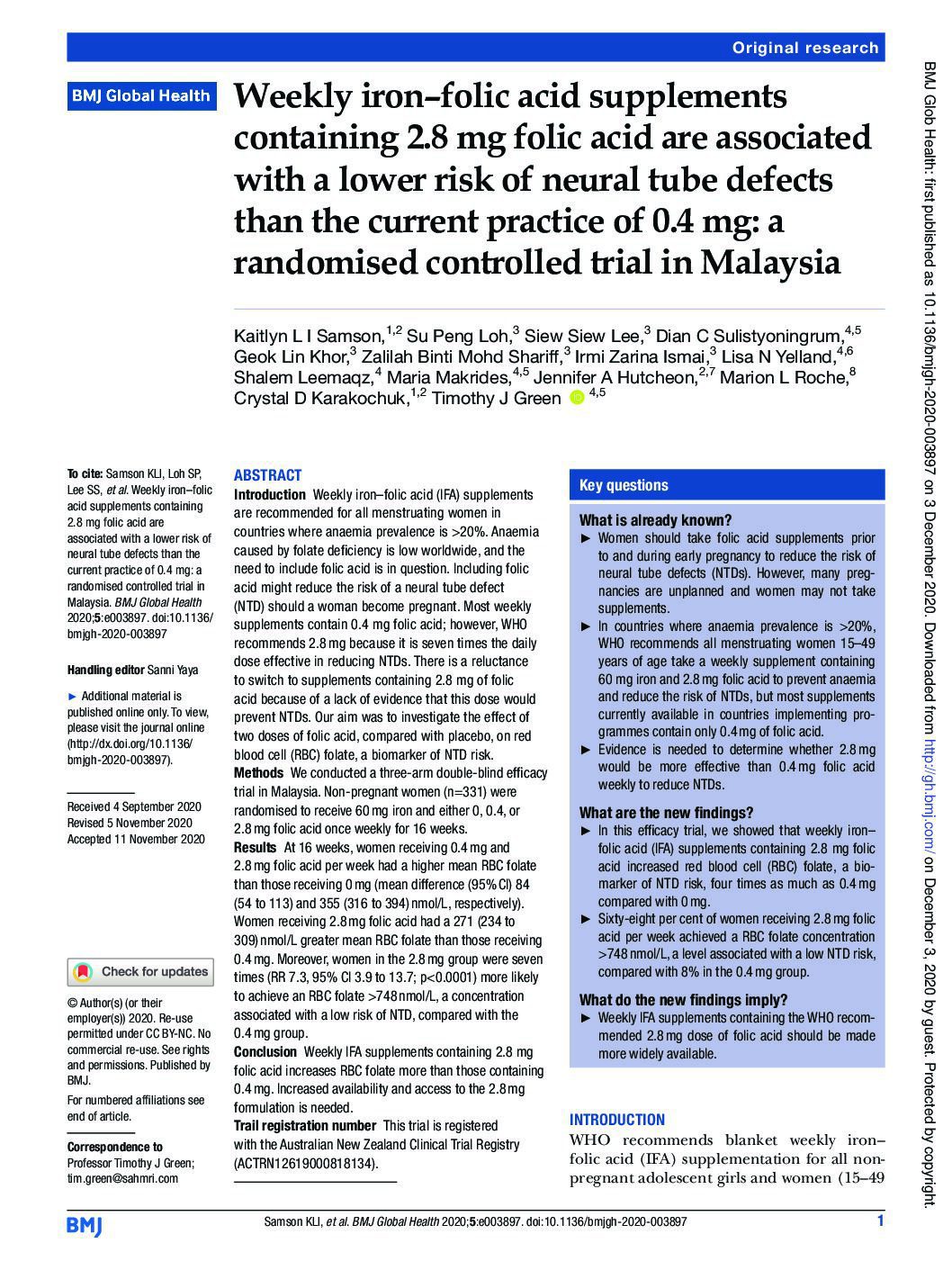 Weekly iron–folic acid supplements containing 2.8 mg folic acid are associated with a lower risk of neural tube defects than the current practice of 0.4 mg: a randomised controlled trial in Malaysia thumbnail