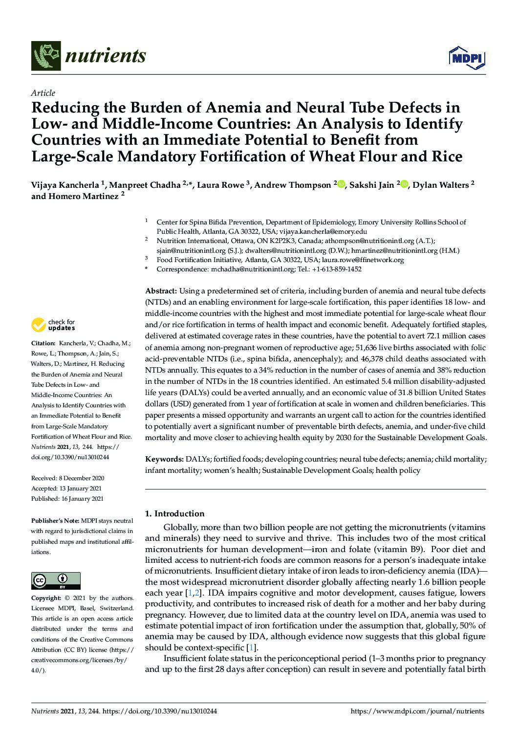 Reducing the Burden of Anemia and Neural Tube Defects in Low- and Middle-Income Countries: An Analysis to Identify Countries with an Immediate Potential to Benefit from Large-Scale Mandatory Fortification of Wheat Flour and Rice thumbnail