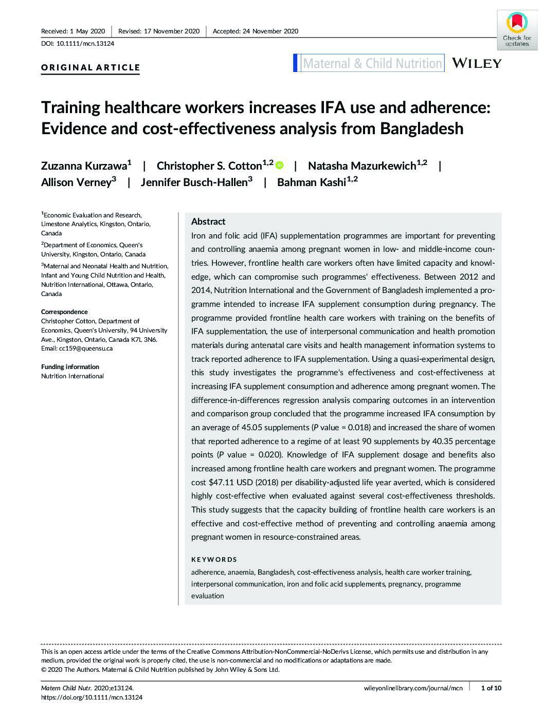 Training healthcare workers increases IFA use and adherence: Evidence and cost-effectiveness analysis from Bangladesh thumbnail