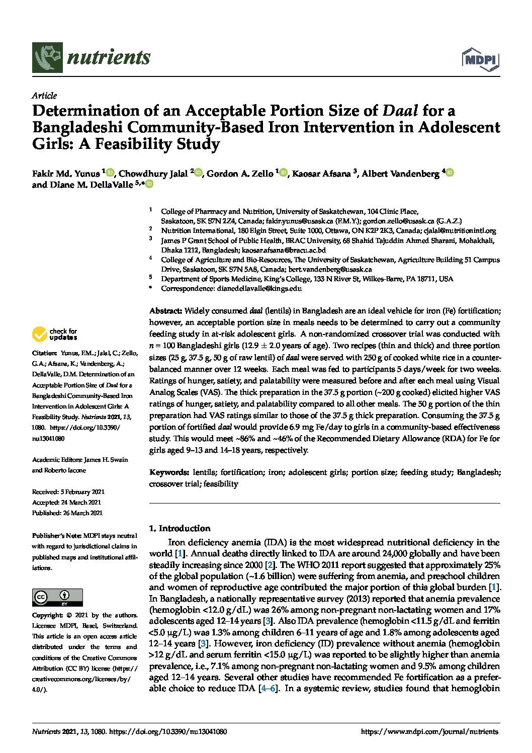 Determination of an Acceptable Portion Size of <em>Daal</em> for a Bangladeshi Community-Based Iron Intervention in Adolescent Girls: A Feasibility Study thumbnail