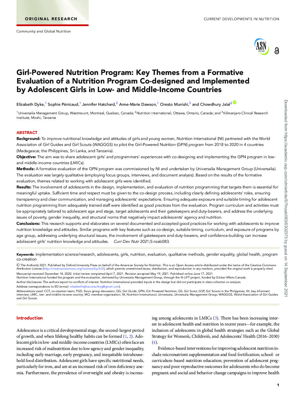 Girl-Powered Nutrition Program: Key Themes from a Formative Evaluation of a Nutrition Program Co-designed and Implemented by Adolescent Girls in Low- and Middle-Income Countries thumbnail