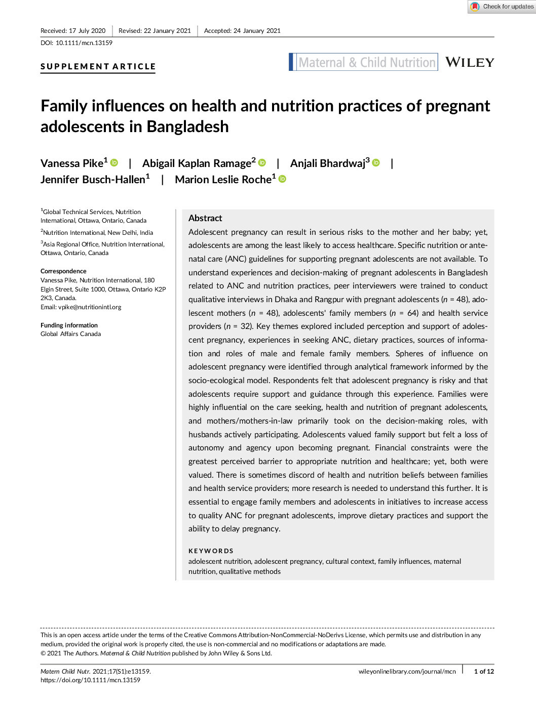 Family influences on health and nutrition practices of pregnant adolescents in Bangladesh thumbnail