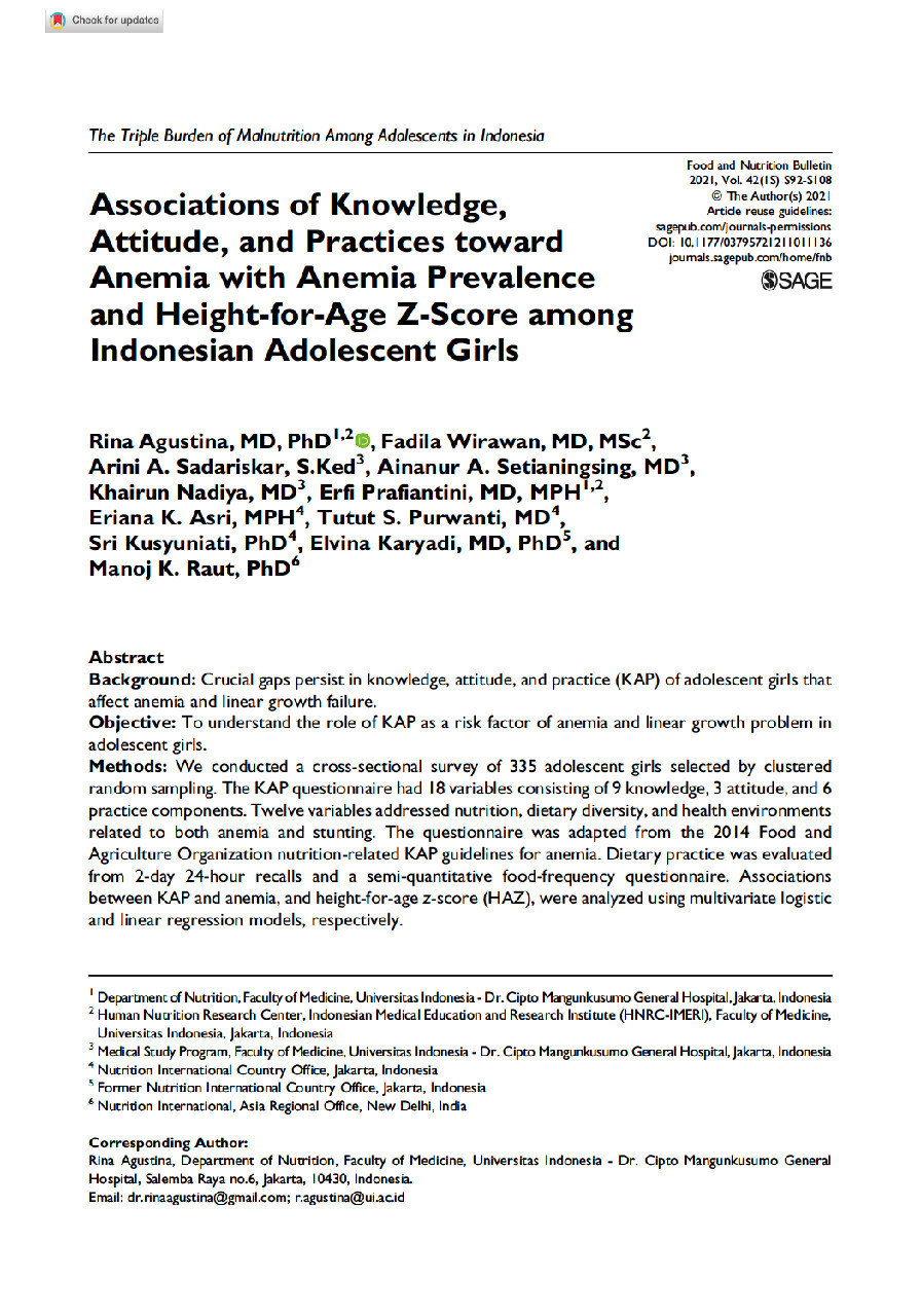 Associations of knowledge, attitude, and practices toward anemia with anemia prevalence and height-for-age z-score among Indonesian adolescent girls thumbnail