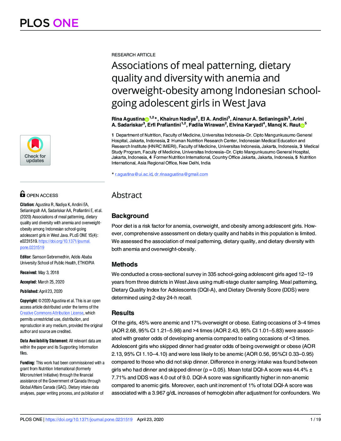 Associations of meal patterning, dietary quality and diversity with anemia and overweight-obesity among Indonesian school-going adolescent girls in West Java thumbnail