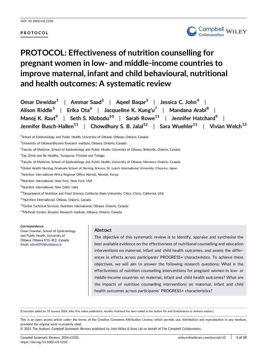 Protocol: Effectiveness of nutrition counselling for pregnant women in low‐ and  middle‐income countries to improve maternal, infant and child behavioural, nutritional and health outcomes: A systematic review thumbnail