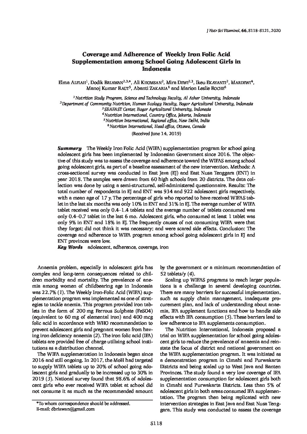 Coverage and adherence of weekly iron folic acid supplementation among school going adolescent girls in Indonesia thumbnail