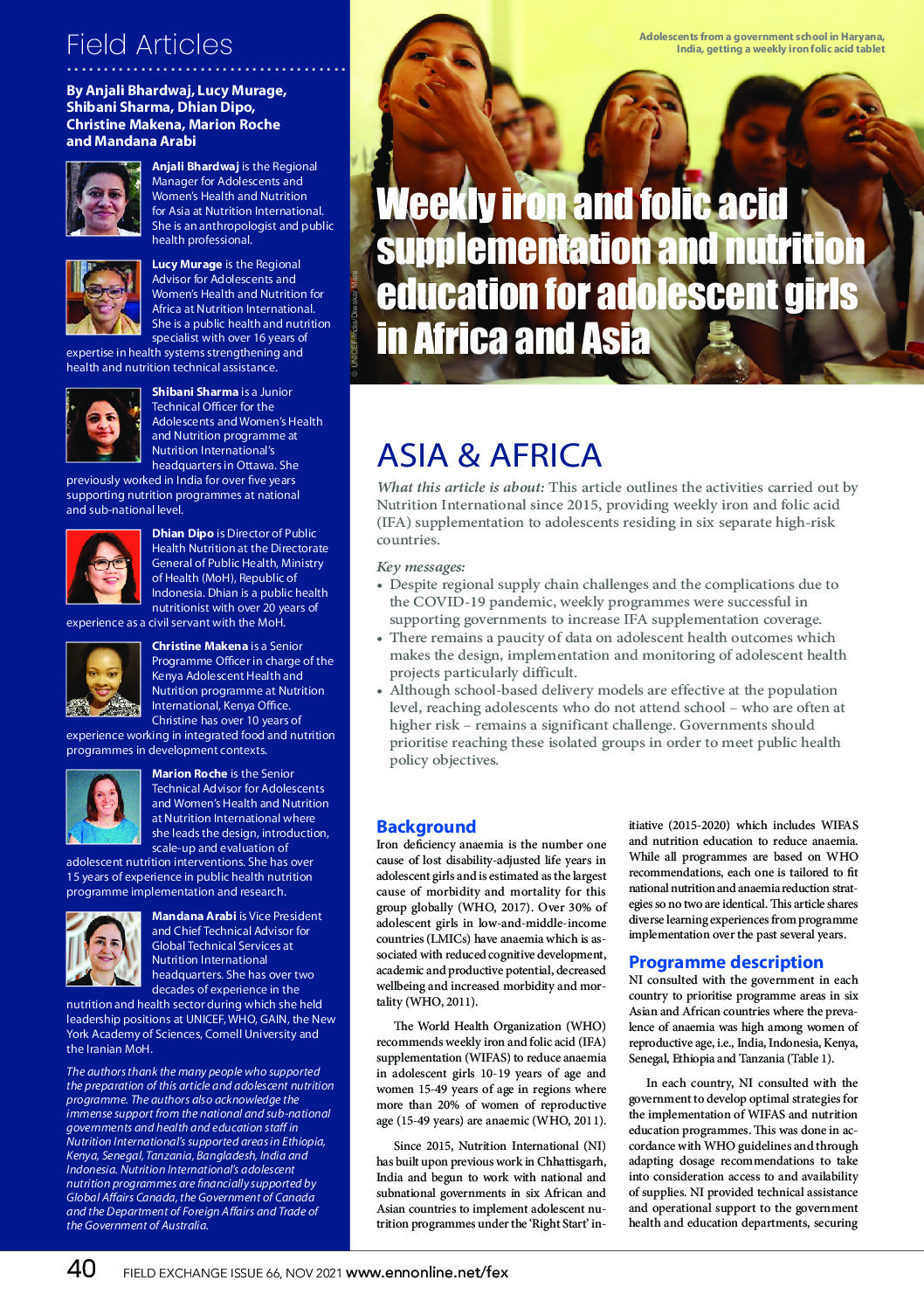 Weekly iron and folic acid supplementation and nutrition education for adolescent girls in Africa and Asia thumbnail