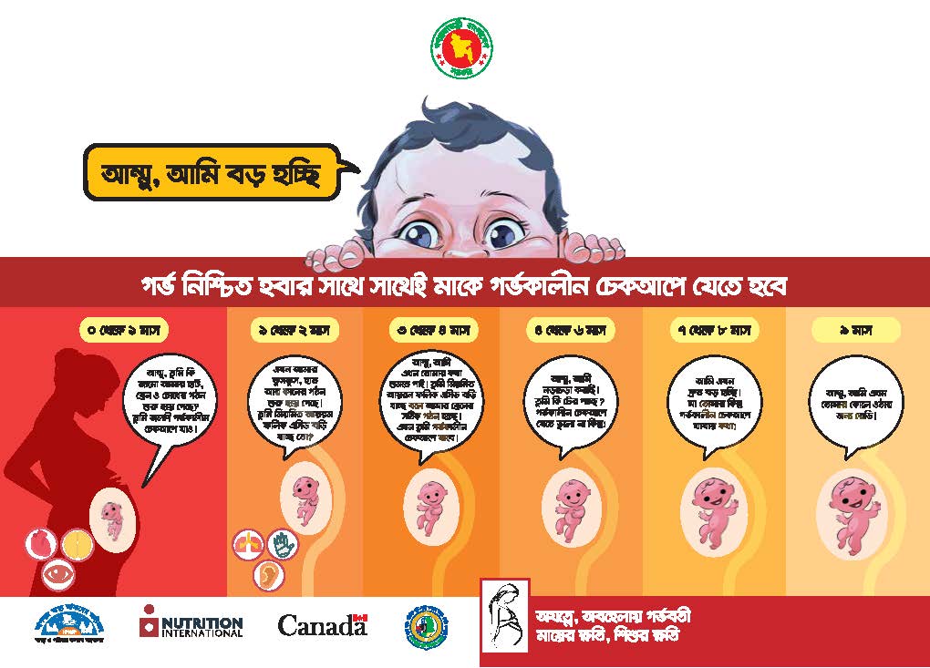 Cette infographie sur la nutrition fournit des informations essentielles sur les différentes étapes de la grossesse. On la remet aux femmes enceintes pour qu'elles l'emportent chez elles. Elle s’intitule « Ammu Ami Boro Hocchi », ce qui se traduit par « Maman, je grandis »