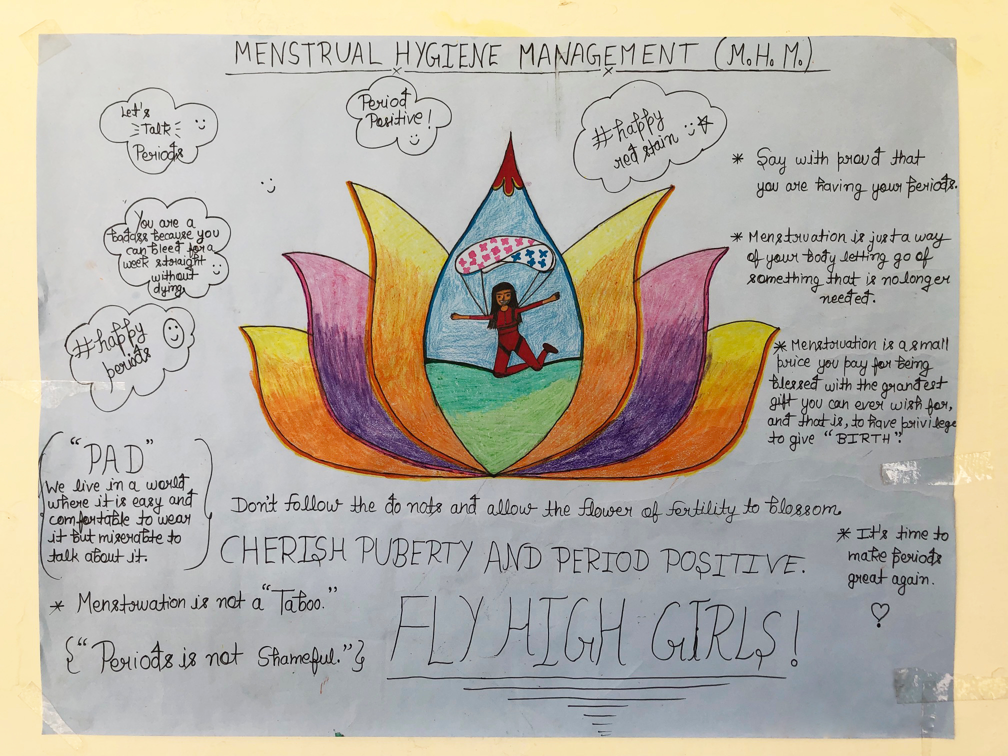 A drawing of a lotus flower is painted different colours. It contains different messages on menstrual health management.